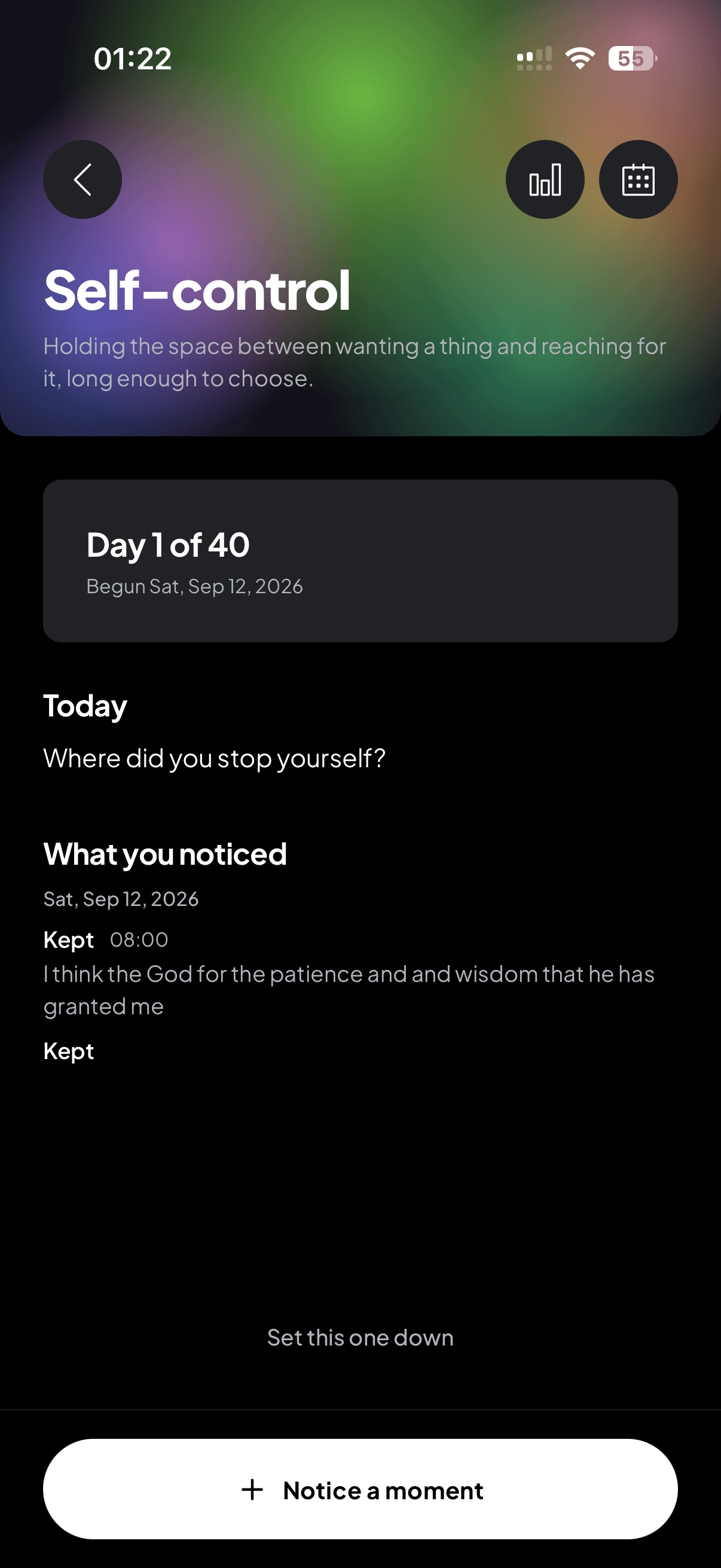 Taking up self-control in holyfit: day 1 of 40, today’s question, and a moment noticed.