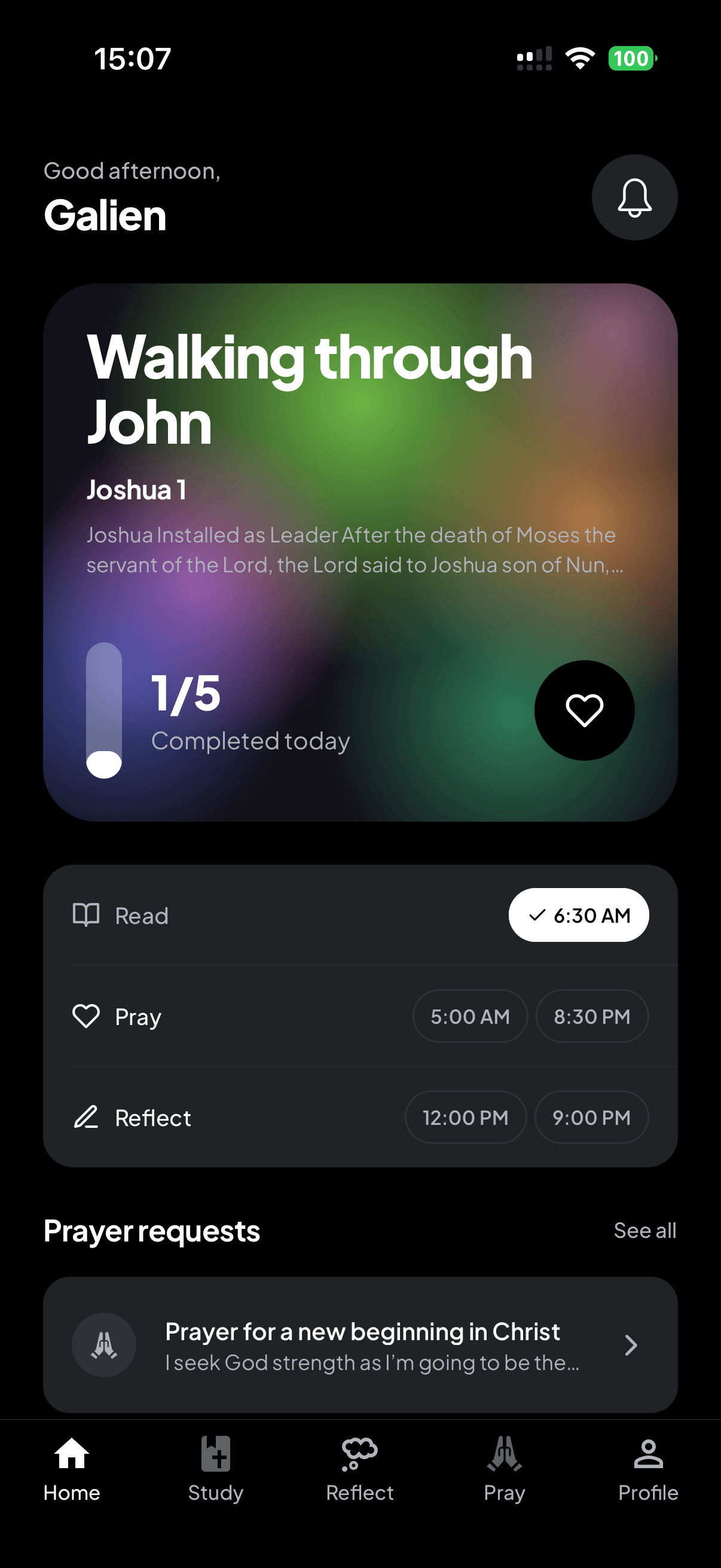 The holyfit home screen: today’s plan, the hours of each sitting, and the prayers being carried.