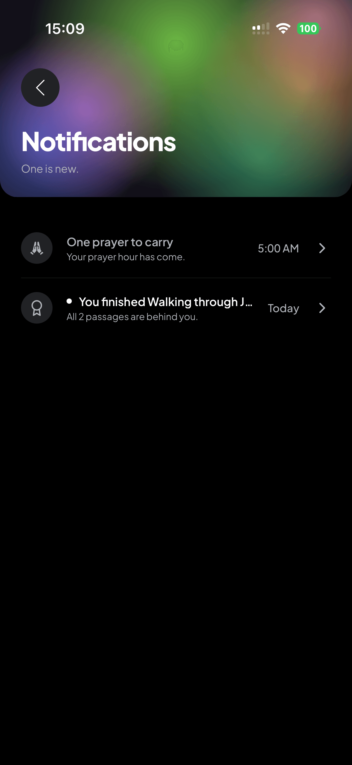 holyfit notifications: a prayer to carry, and a finished reading plan.
