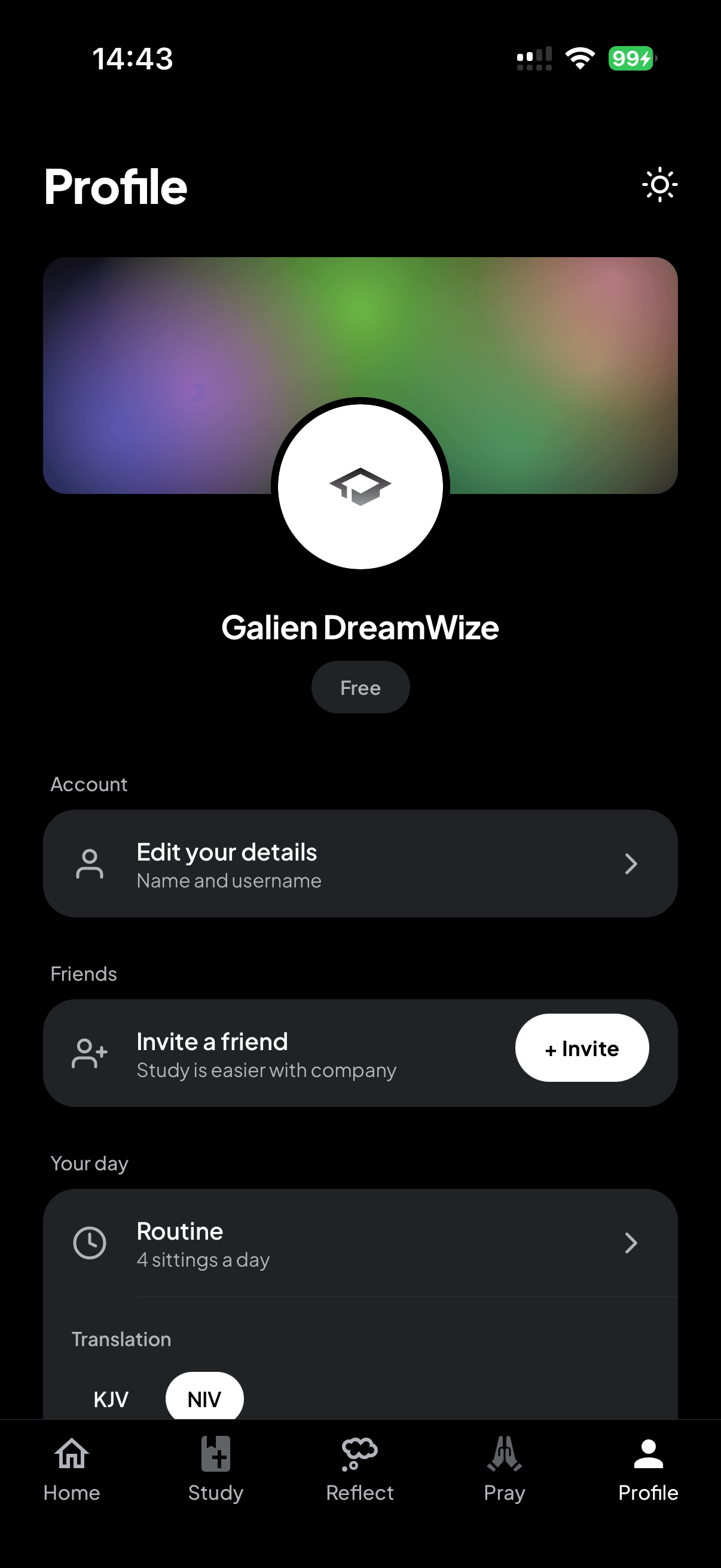 The holyfit profile screen: account details, routine, and translation.